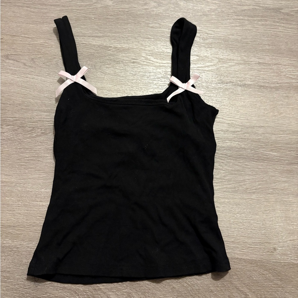 Edikted Black Ribbed Crop Tank with Pink Bow Straps